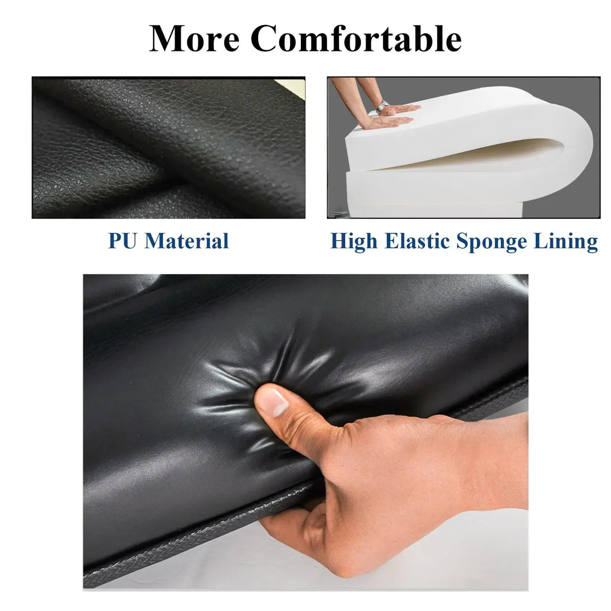 Close up views of black seat material and high elastic sponge padding