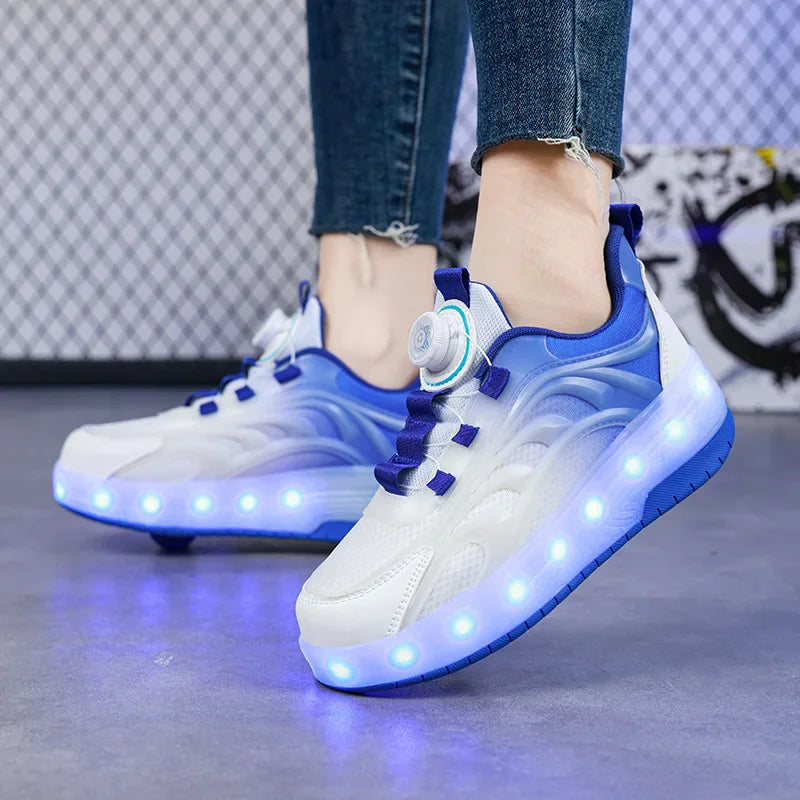Blue and white gradient LED roller skate shoes worn on feet