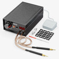 A portable spot welder device with welding pens, foot pedal, battery holders, and accessories.