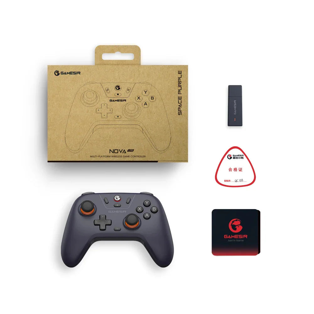 Wireless gaming controller in space purple, packaging box, wireless dongle, and QC sticker