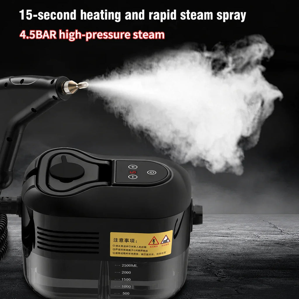High pressure handheld steam cleaner spraying steam on a surface