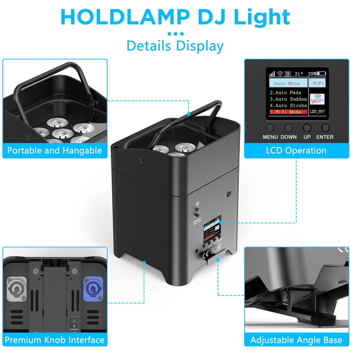Detailed features of a rechargeable LED stage light with LCD display, mounting handle, and connection ports