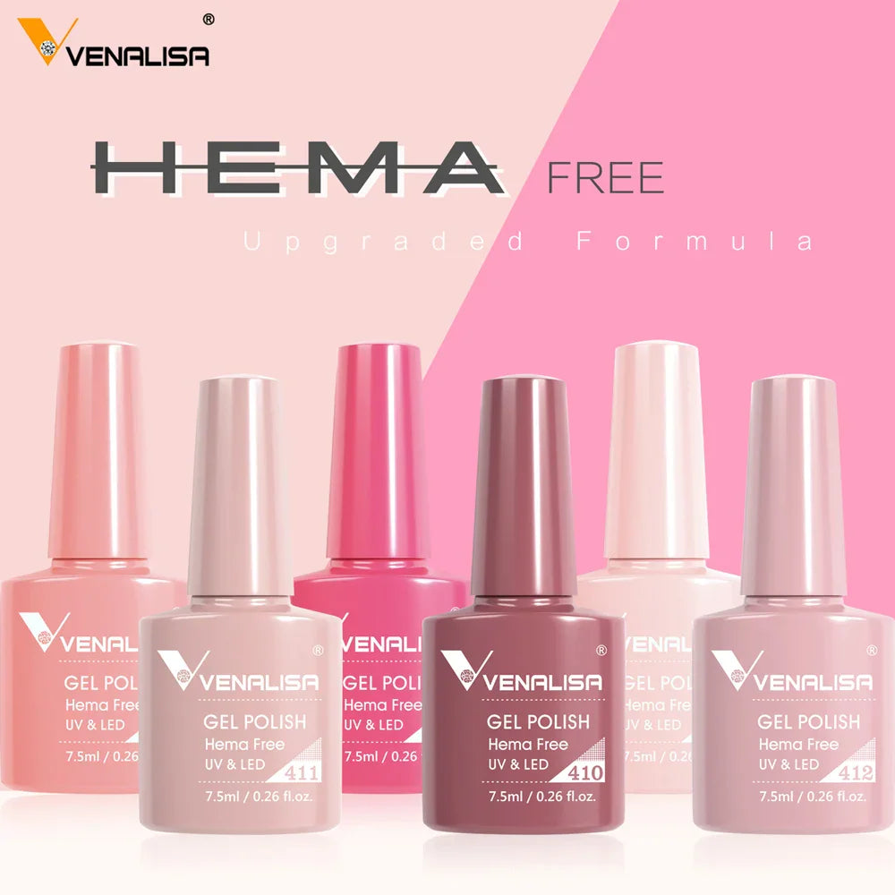 Multiple pink bottles of Hema-free gel nail polish arranged in a group.