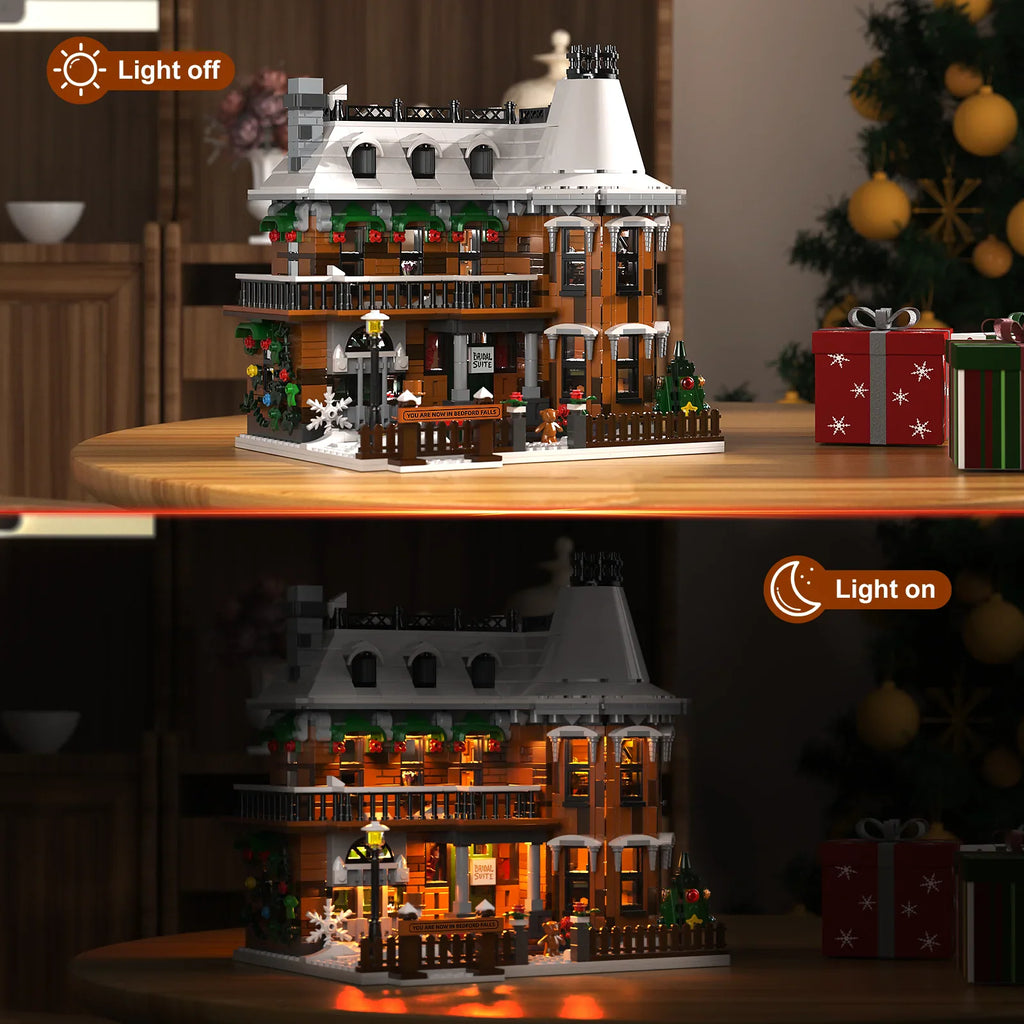 Building block Christmas house model shown with lights off and on