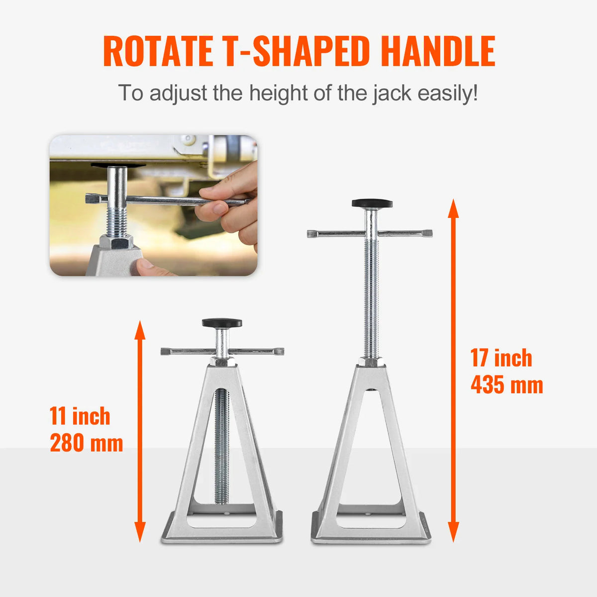 Diagram showing the height adjustment range of the telescopic metal stabilizer jacks from 11 to 17 inches.