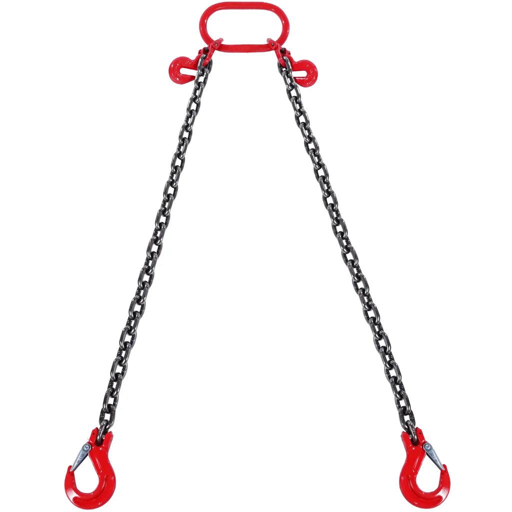 A two-legged industrial heavy duty lifting chain sling with red hooks and a master link
