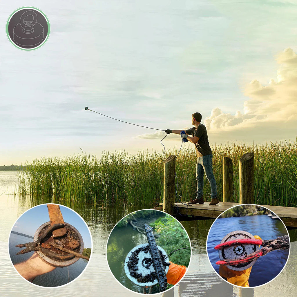 Person using a fishing magnet on a dock with close-up examples of reclaimed metal.