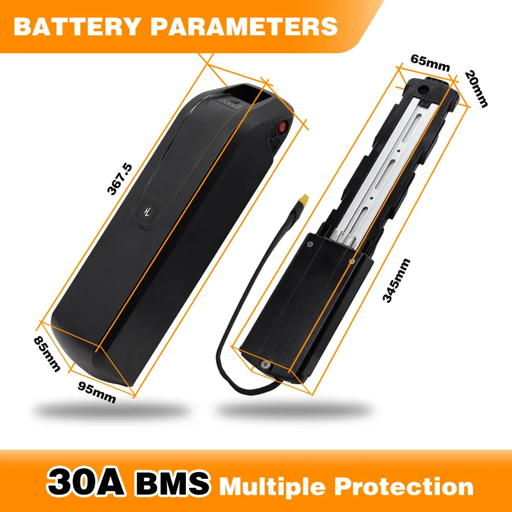 Dimensions and technical specifications of e-bike battery and mounting rack