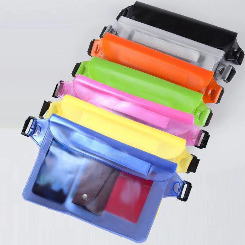 A stack of colorful transparent waterproof waist bags in various bright colors