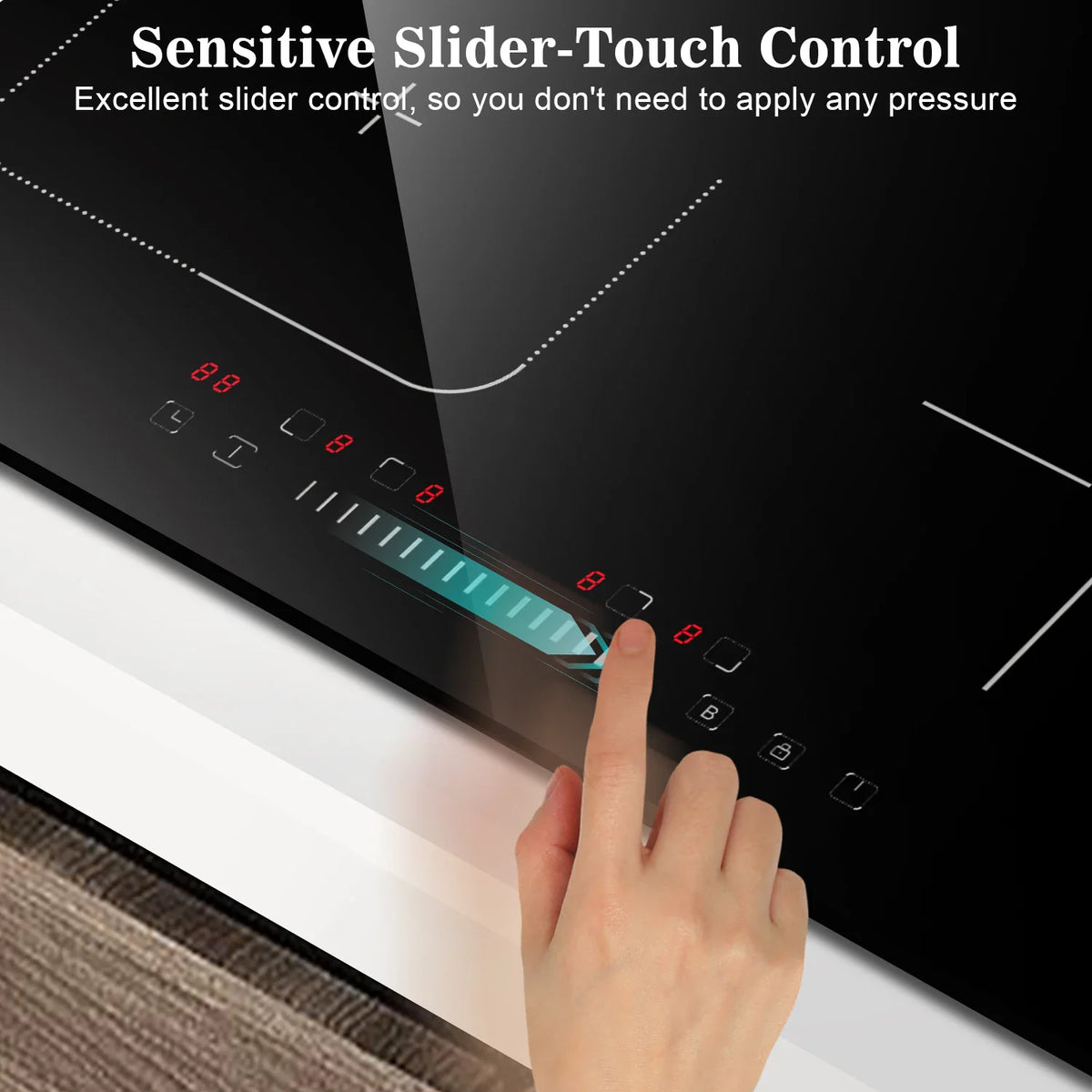 Close-up of a hand using the sliding touch controls on a black induction cooktop.