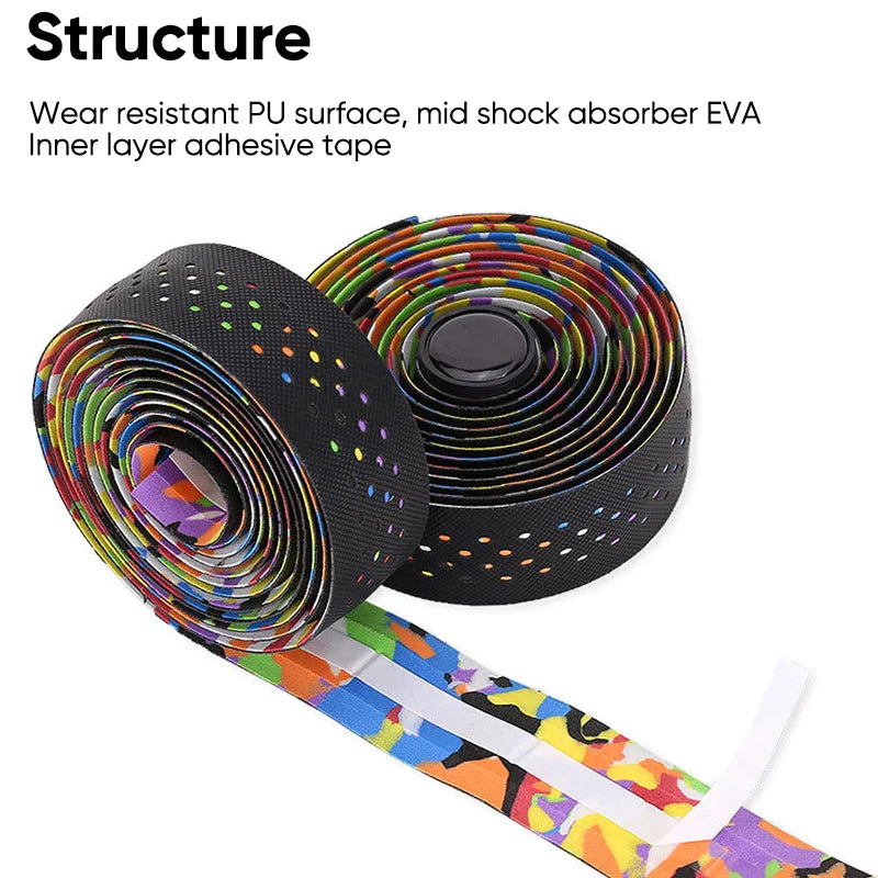 A close-up of a rainbow-patterned road bike handlebar tape roll
