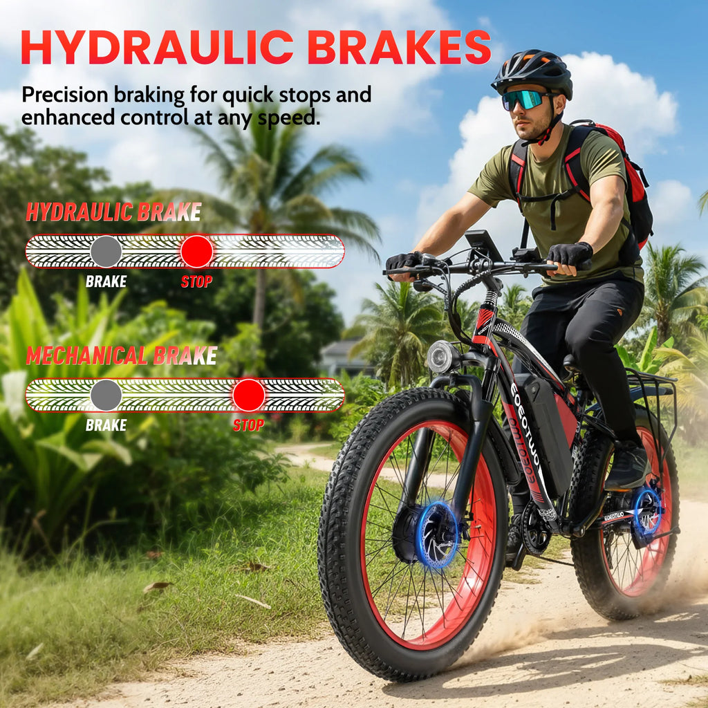 Man riding an electric mountain bike with hydraulic brake performance comparison text overlay.