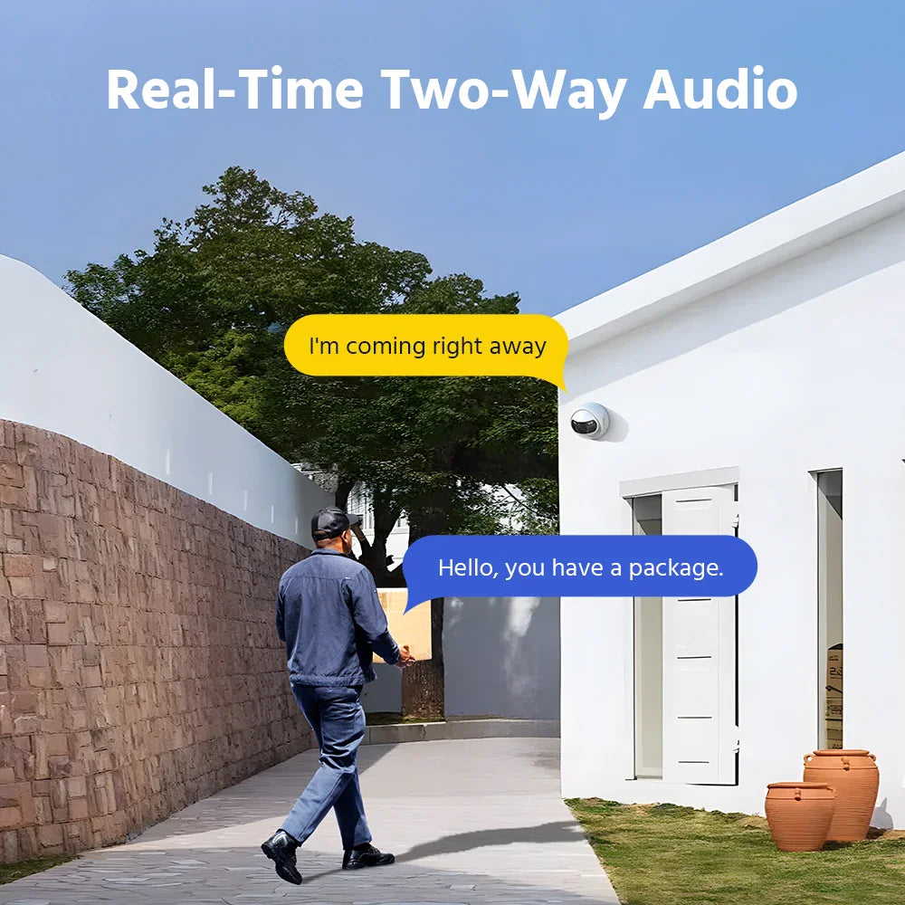 Security dome camera showing real-time two-way audio feature with a delivery person interacting with a homeowner