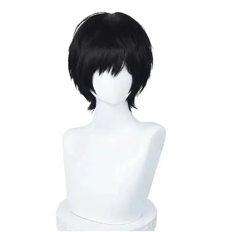Short black layered cosplay wig on a white mannequin head, front view