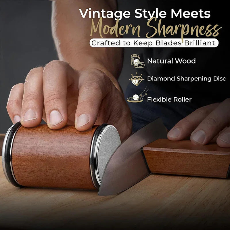 Wooden rolling knife sharpener being used on a chef knife blade
