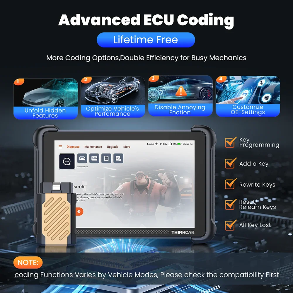 Automotive diagnostic tablet highlighting ECU coding features and key programming capabilities