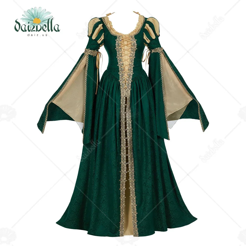 Green and beige medieval renaissance dress with wide bell sleeves and front lace-up detailing