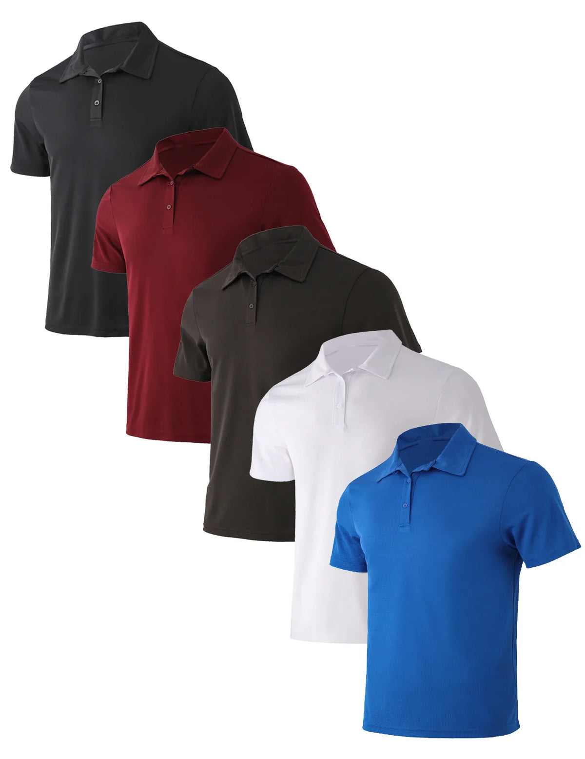 A set of five men's short-sleeved polo shirts in various solid colors including black, burgundy, dark grey, white, and blue.