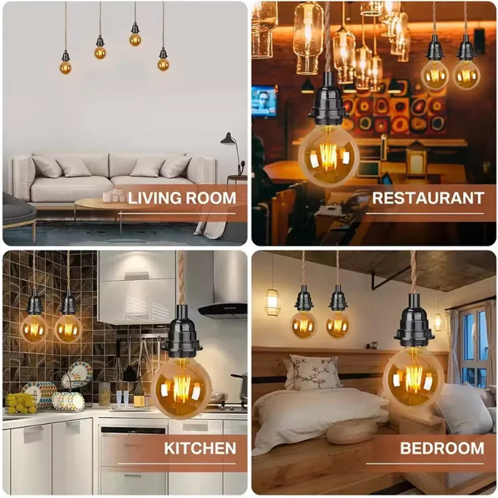 Living room, restaurant, kitchen, and bedroom interior lighting examples using jute rope pendant lamps