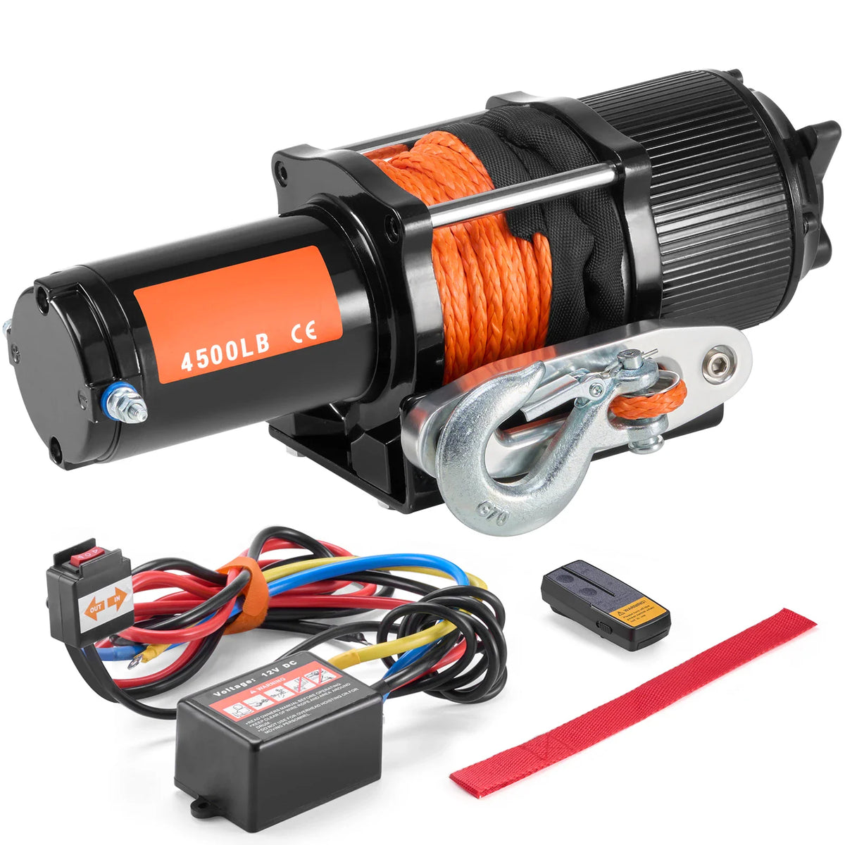 4500lb electric winch with synthetic rope, wired and wireless remotes, control box, and fairlead