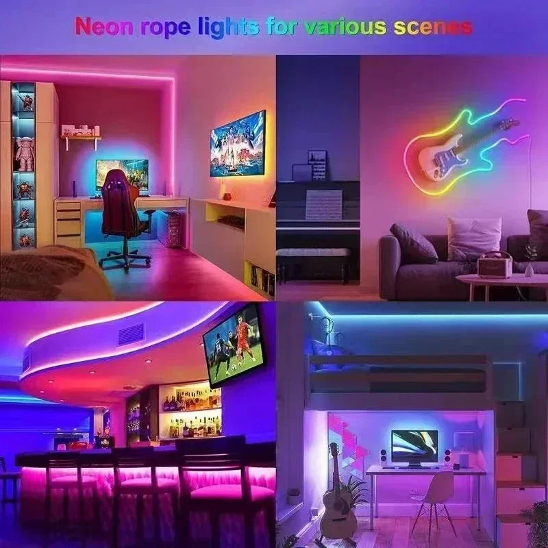 Multiple room settings with RGB neon LED strip lights for gaming setups, home bars, and lounge areas