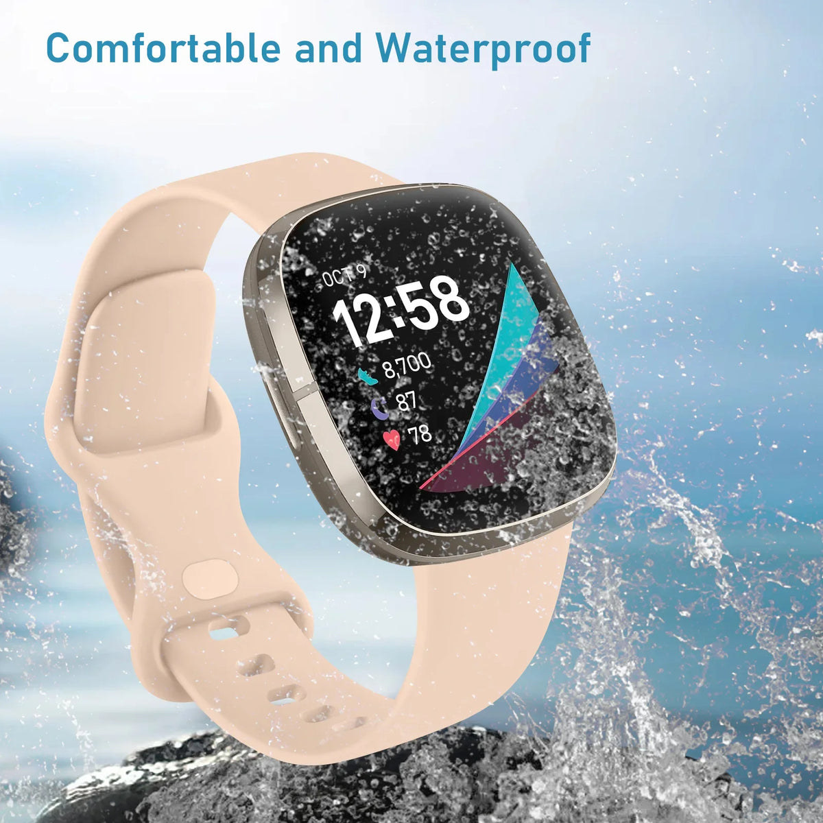 A light pink silicone smartwatch band shown against a watery background to demonstrate water resistance.