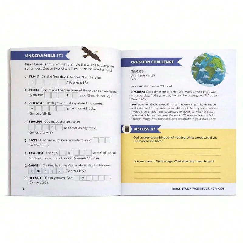 Open pages of a Bible study workbook for kids with unscramble and creation challenge activities