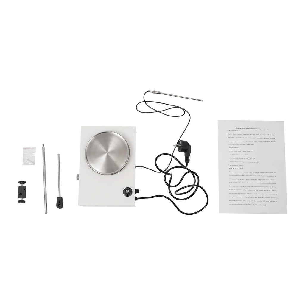 Magnetic stirrer set including base, stand, temperature probe, power cord, and manual documentation