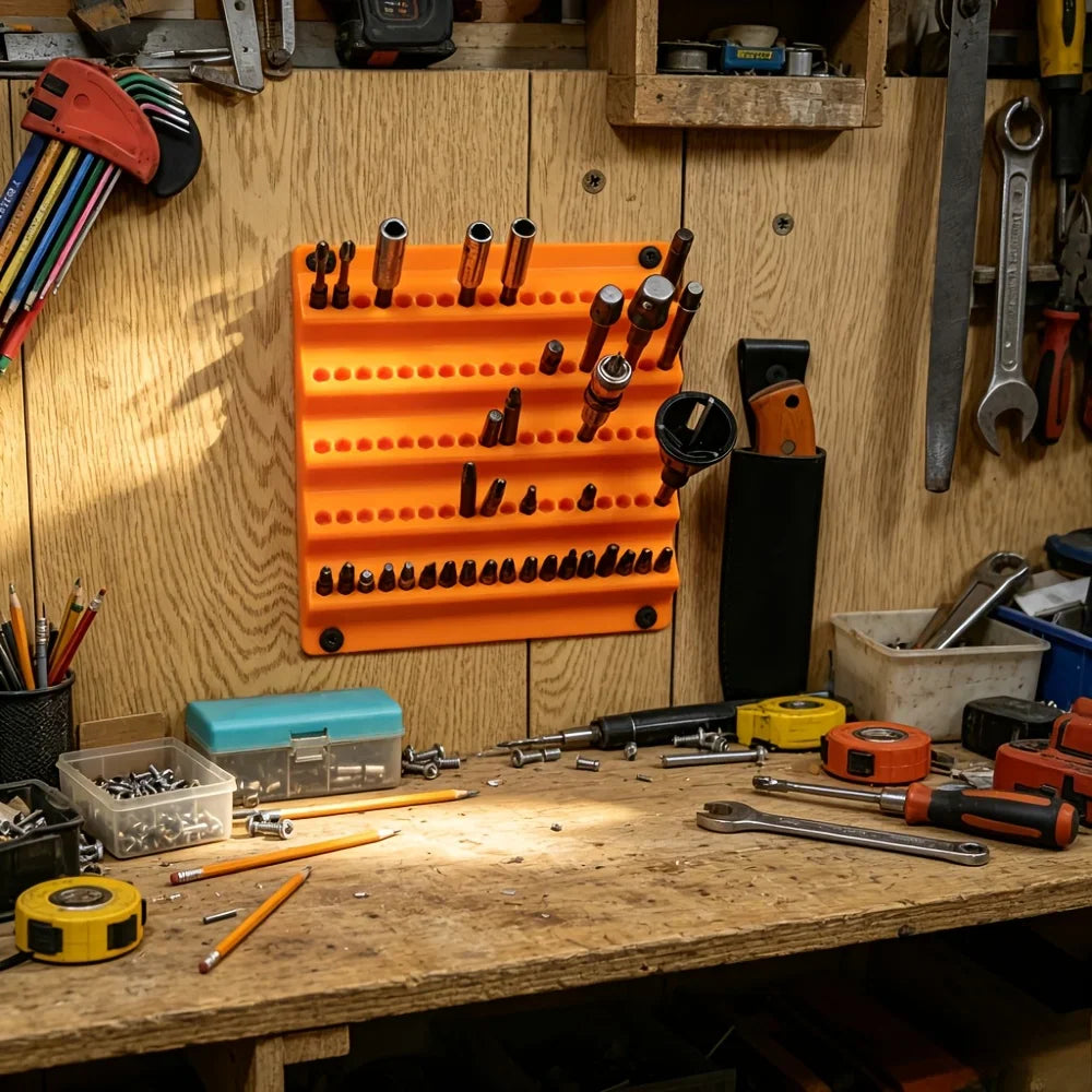 Orange wall-mounted organizer rack filled with metal tools in a cluttered workshop environment.