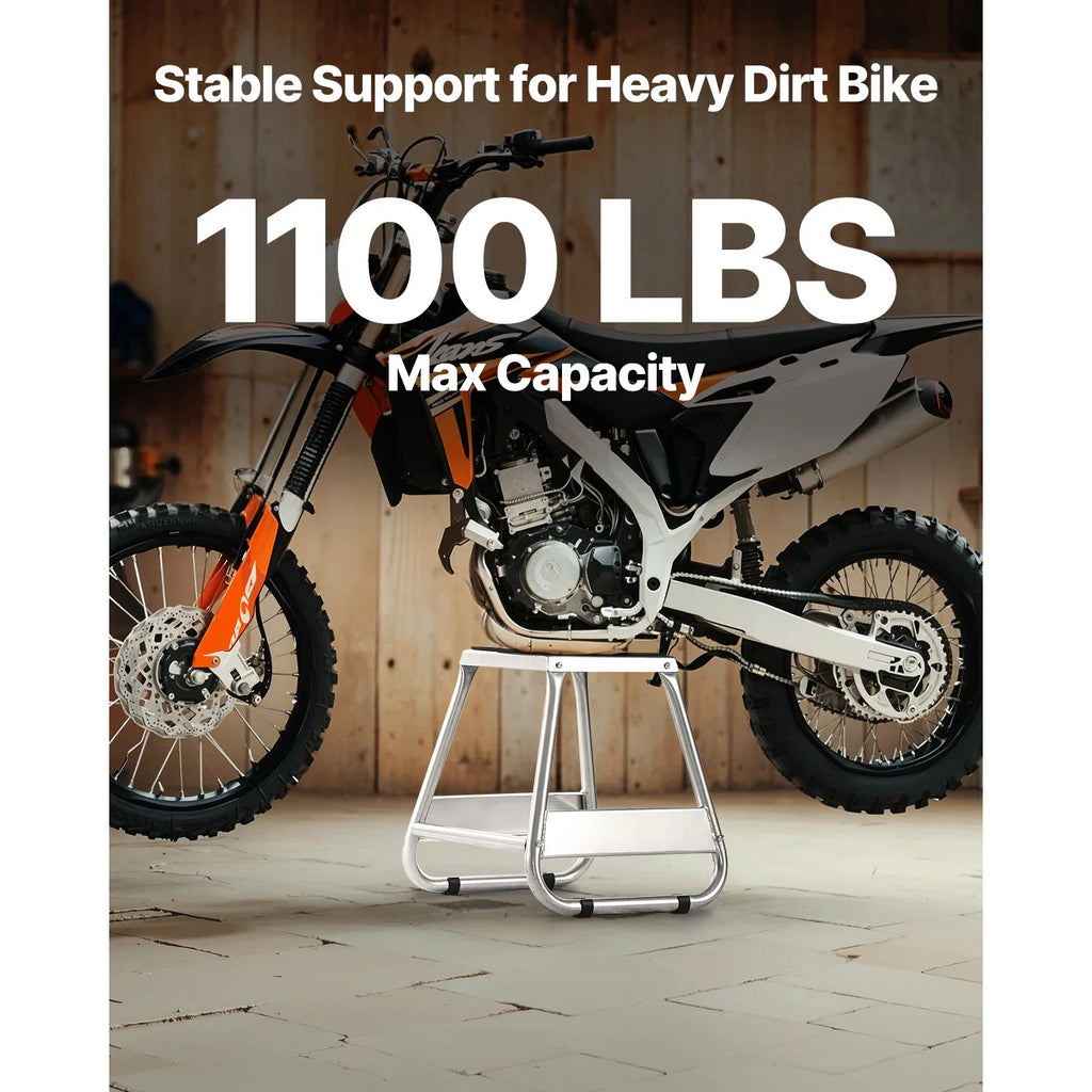 Dirt bike resting on a heavy-duty motorcycle maintenance lift stand