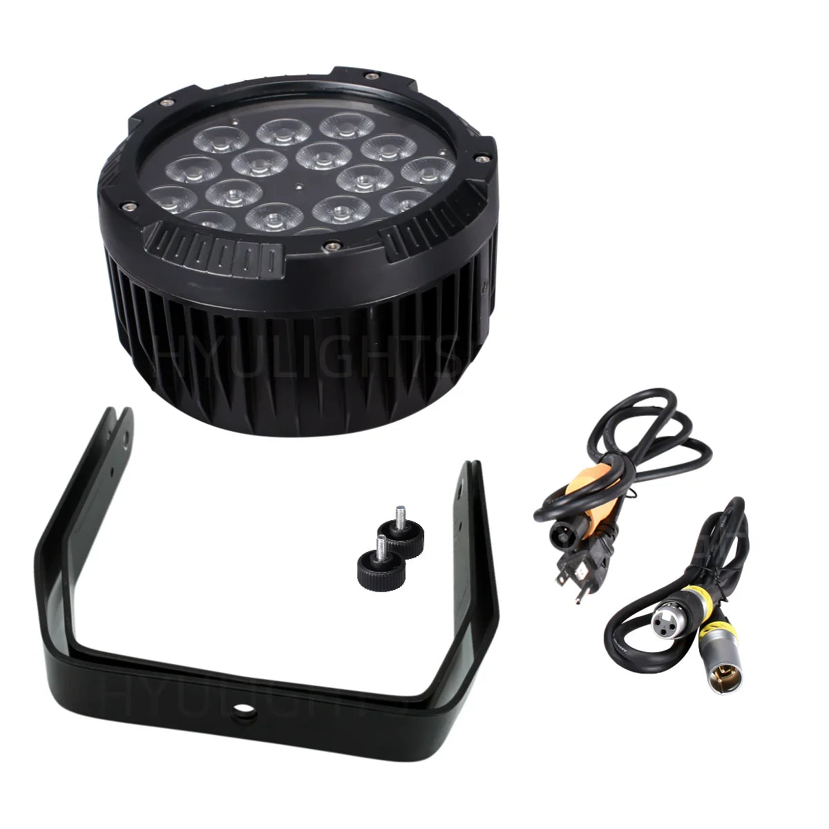 Outdoor stage LED light with included power cables and mounting bracket components