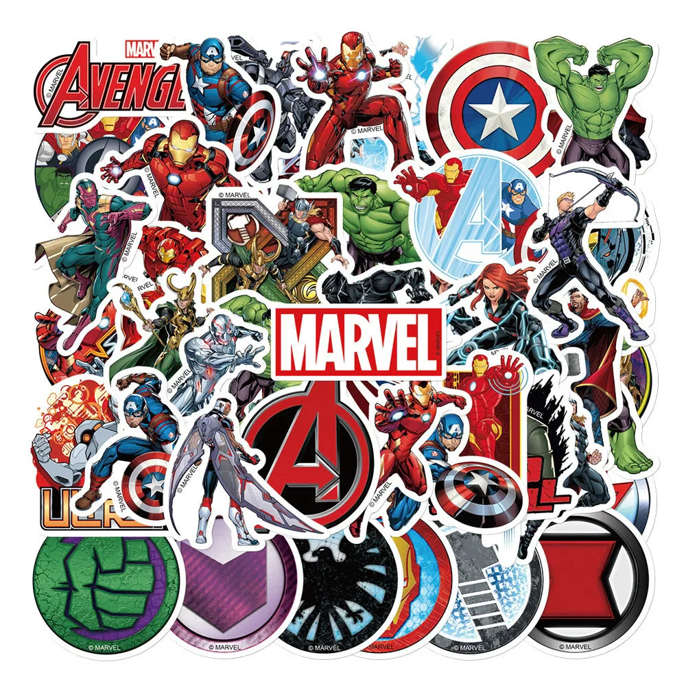 A collection of various comic book superhero stickers featuring characters and symbols