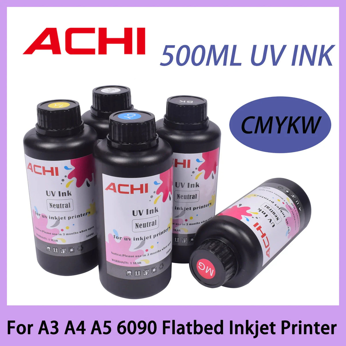 Five bottles of CMYKW UV ink, each containing 500ml, for use in UV flatbed inkjet printers.