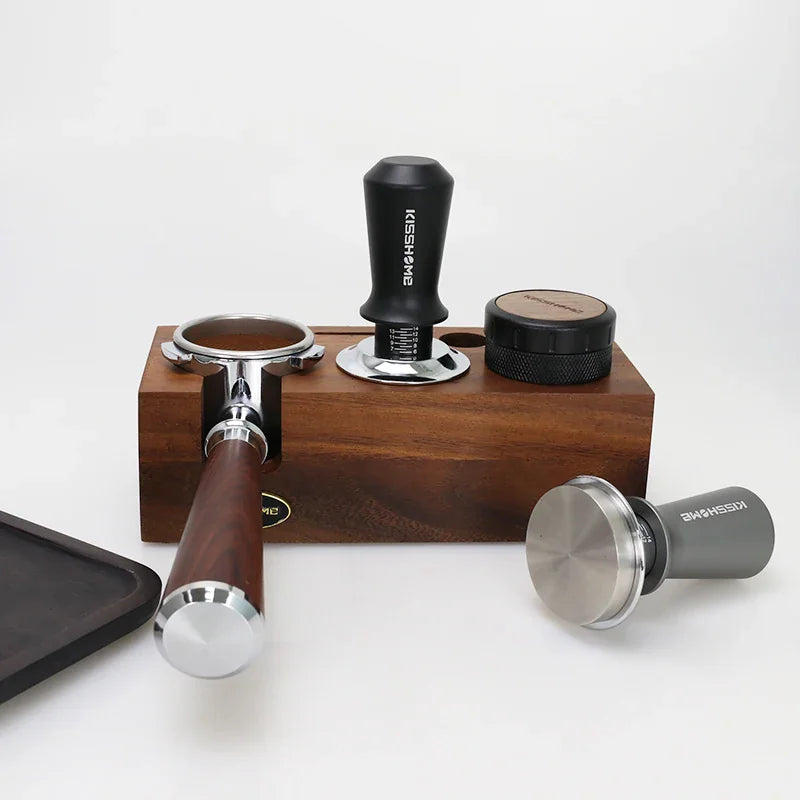 Coffee tamping station set with wooden holder, portafilter, and calibrated tamper