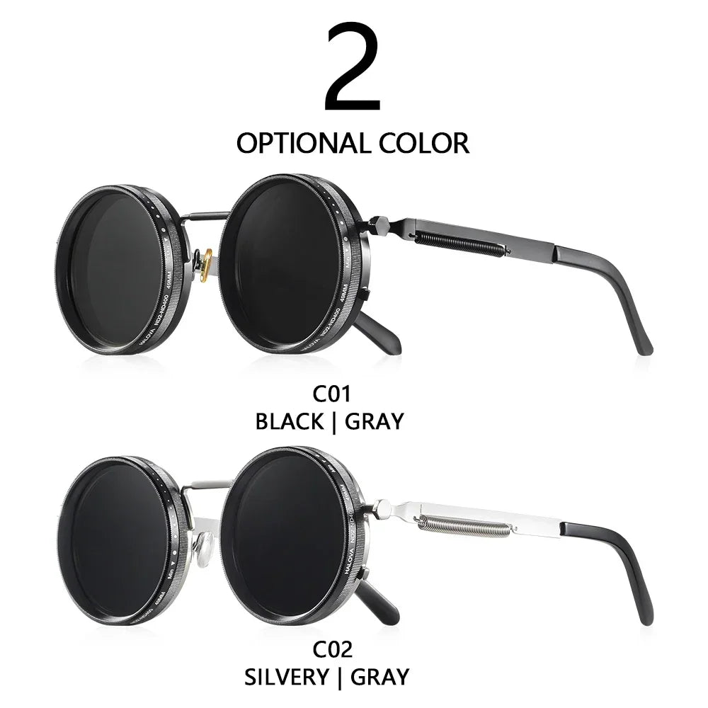 Two color options for round sunglasses: black frame and silver frame.