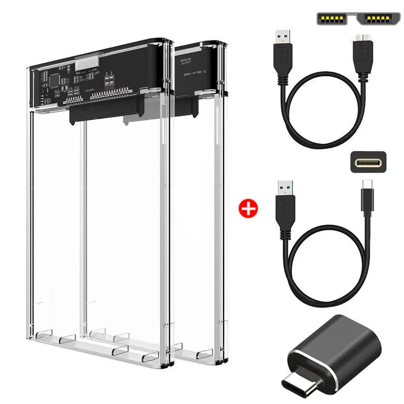 2.5 inch transparent external hard drive enclosure with USB cables and adapter
