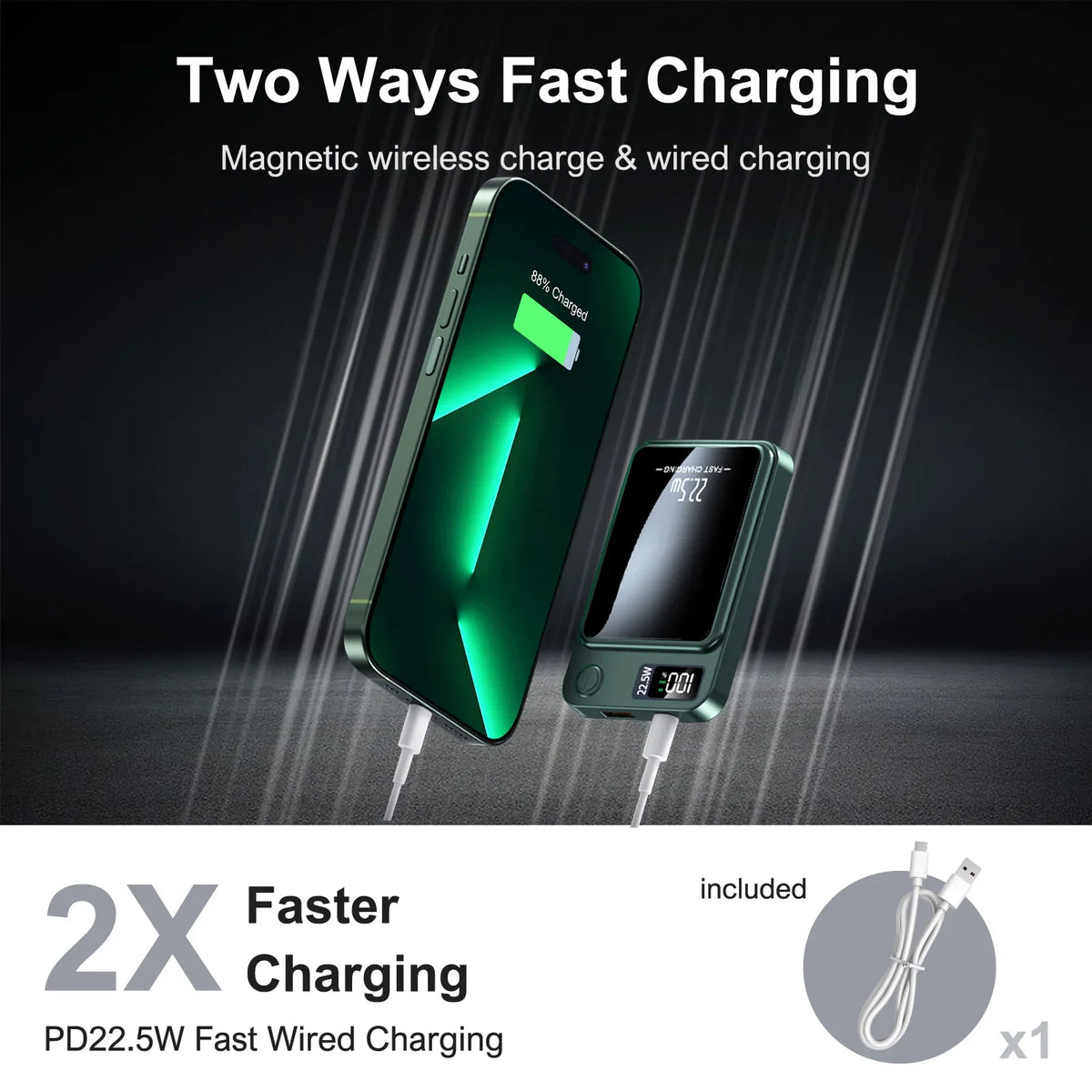 Portable power bank providing magnetic wireless and wired fast charging for a smartphone with included charging cable