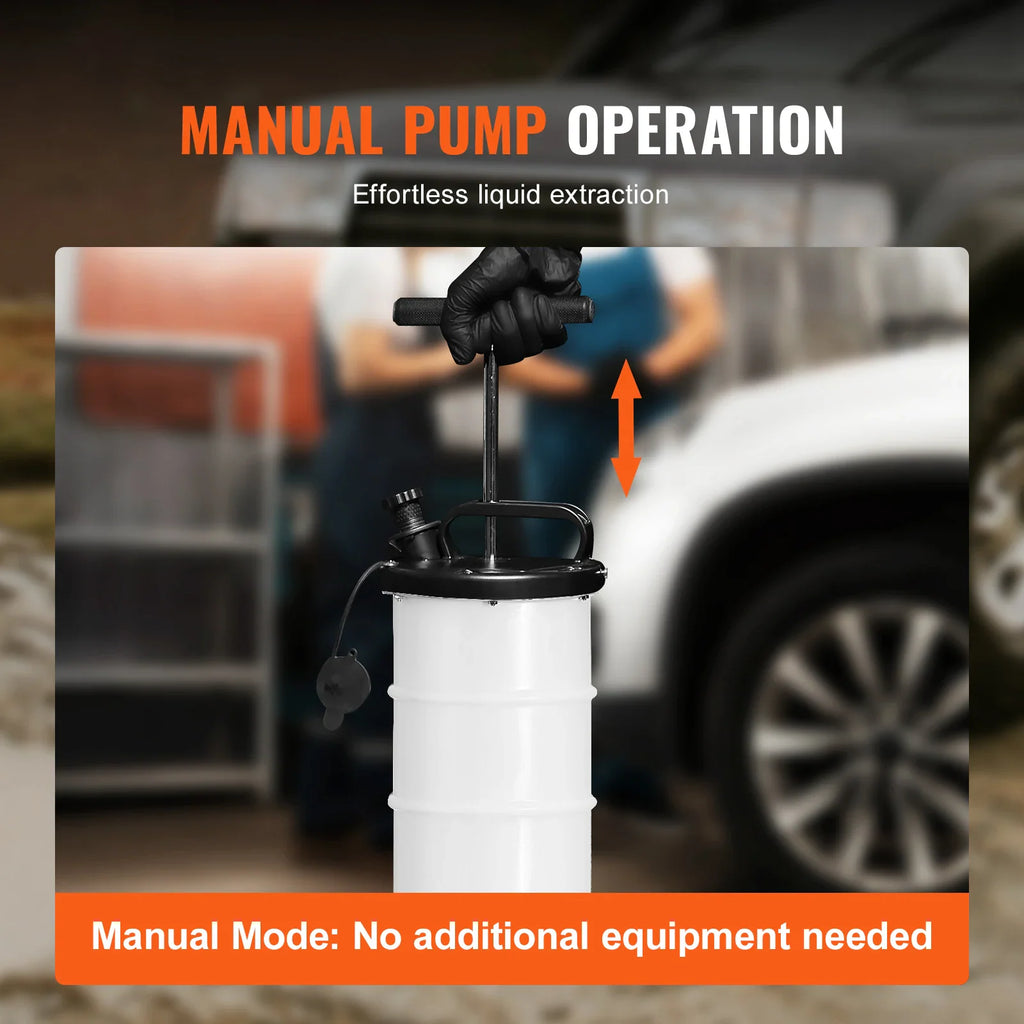 Instructional photo showing how to use a manual fluid extractor pump to drain oil from a car engine