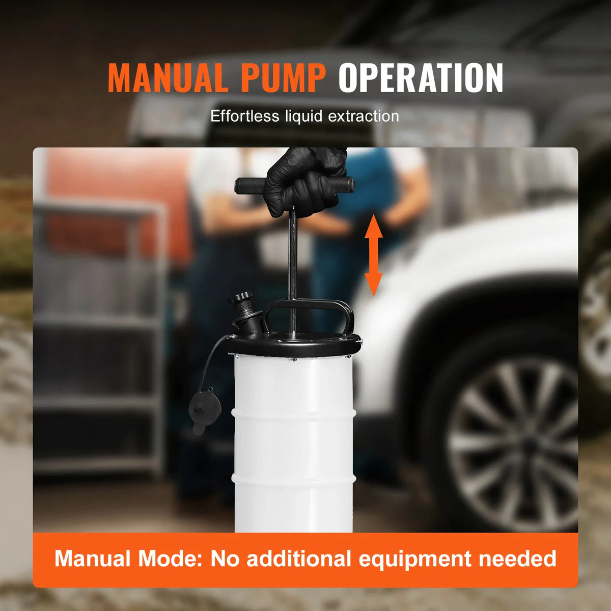 Instructional photo showing how to use a manual fluid extractor pump to drain oil from a car engine