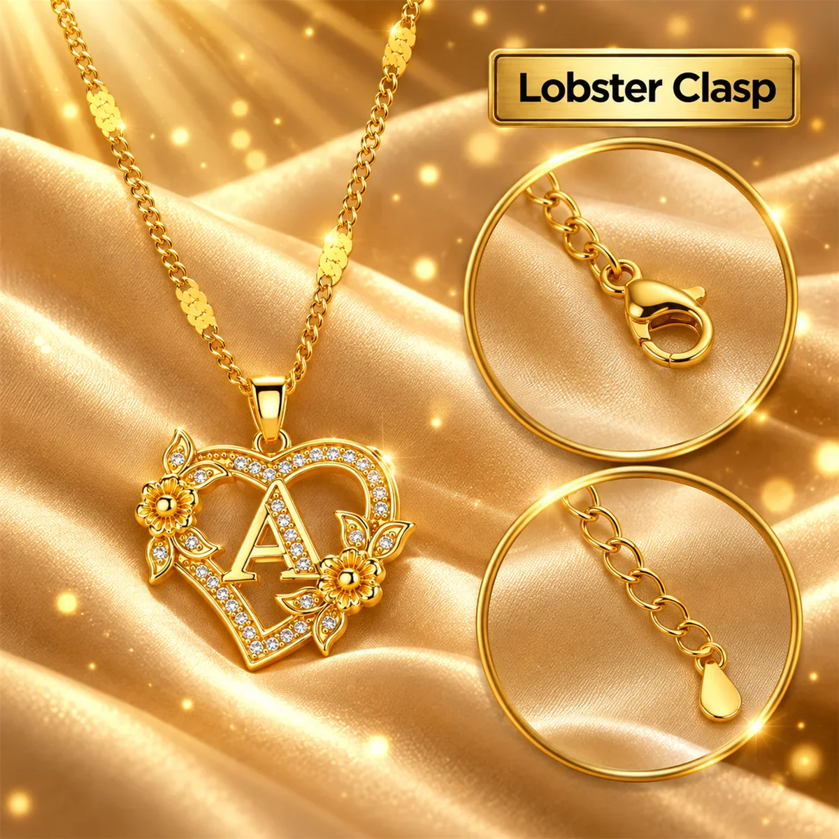 Gold heart initial necklace with lobster clasp detail highlighted in inset circles