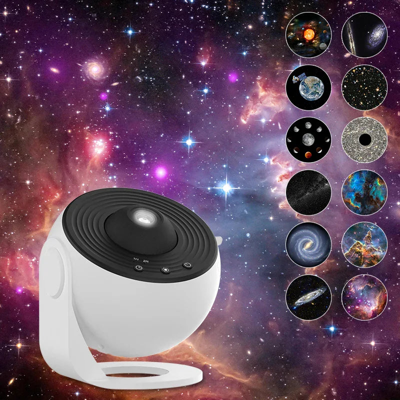 White galaxy star projector lamp with various space projection film discs