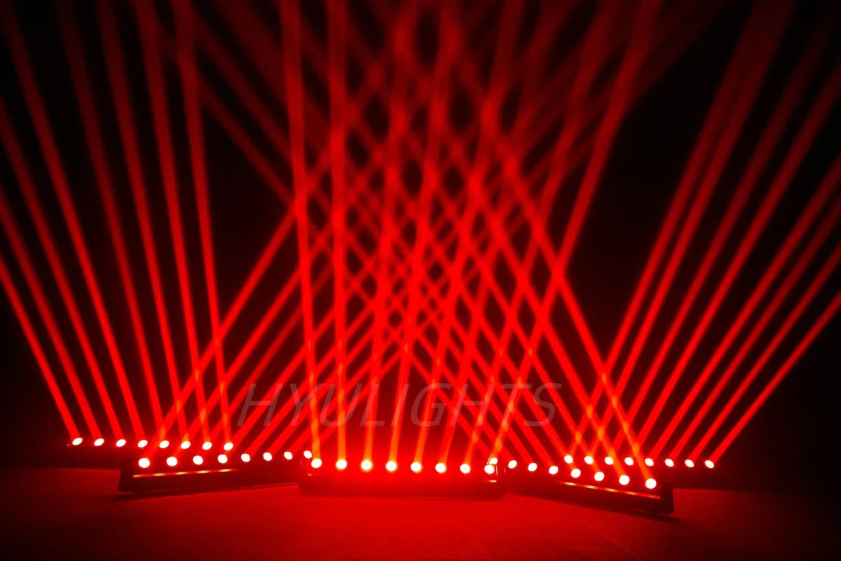 Three LED bar beam lights creating red light beams in a dark environment