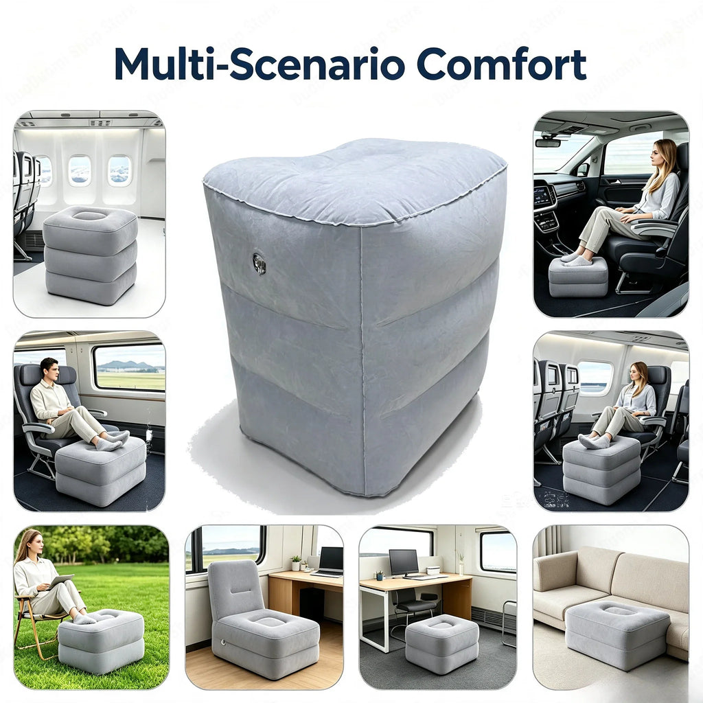 Grey inflatable footrest shown in various travel and home environments