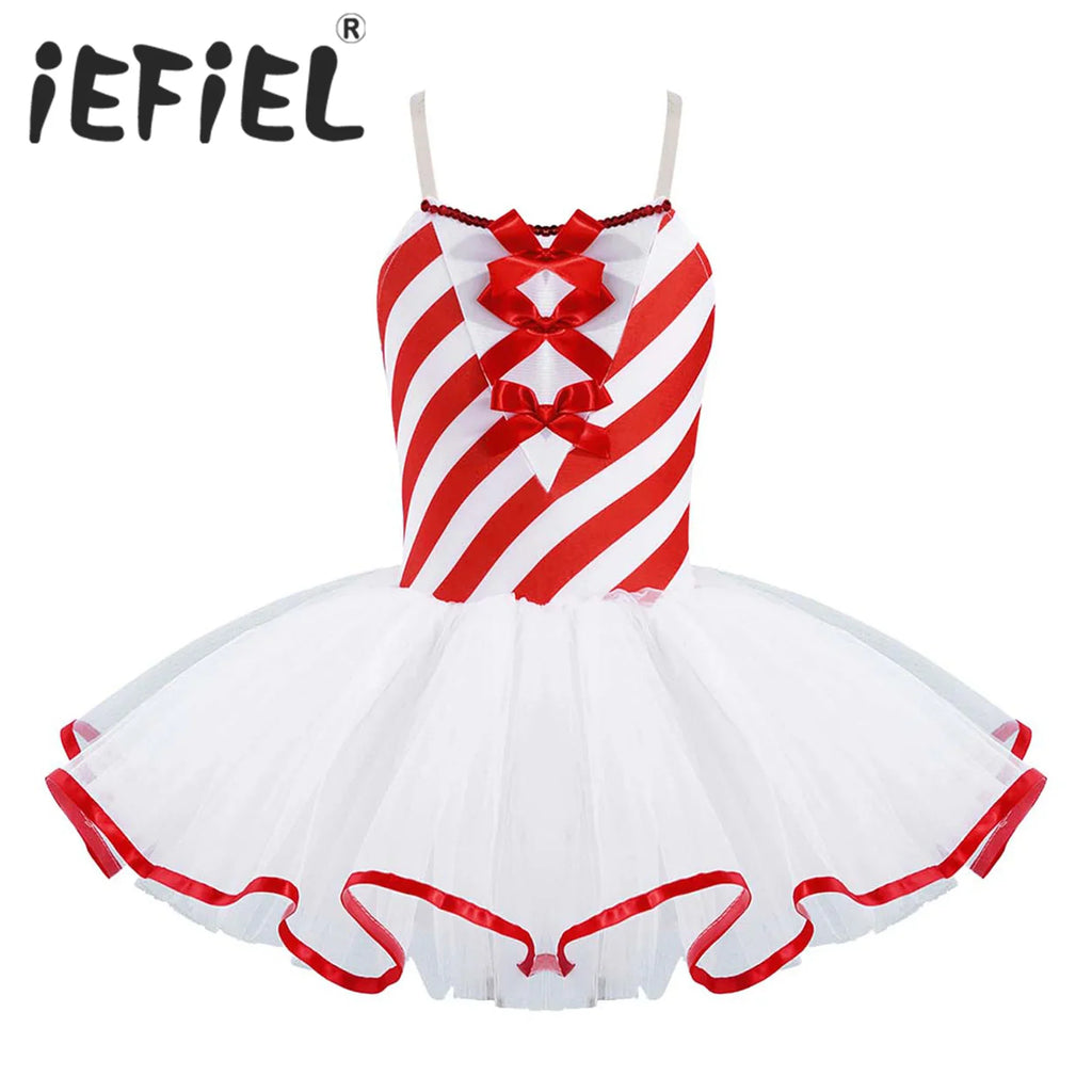 A sleeveless candy cane striped leotard with a white tulle tutu and red ribbon trim.