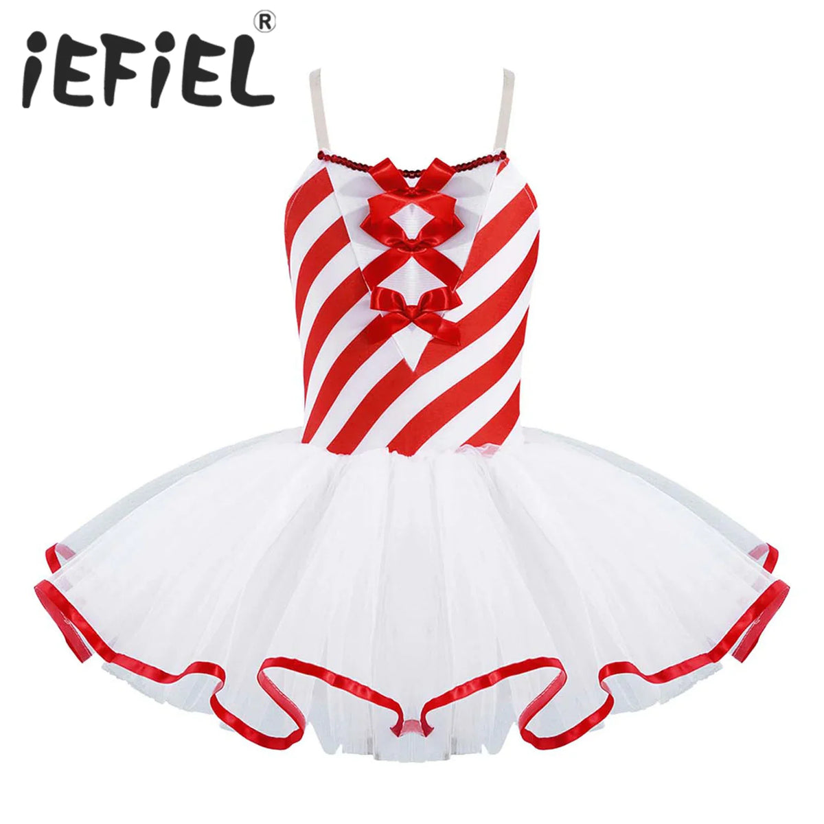 A sleeveless candy cane striped leotard with a white tulle tutu and red ribbon trim.
