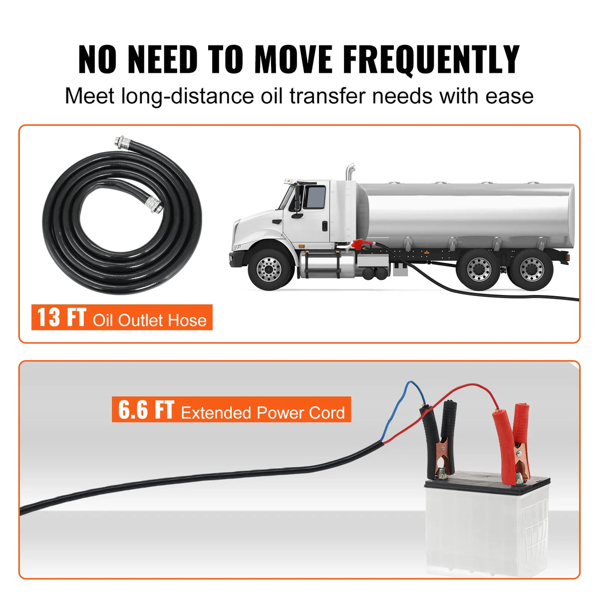 Fuel transfer pump accessories including 13 ft outlet hose and 6.6 ft power cord with battery clips