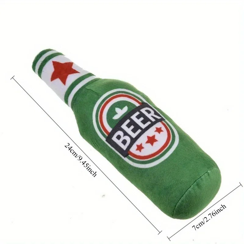 Green plush beer bottle dog toy with dimension labels