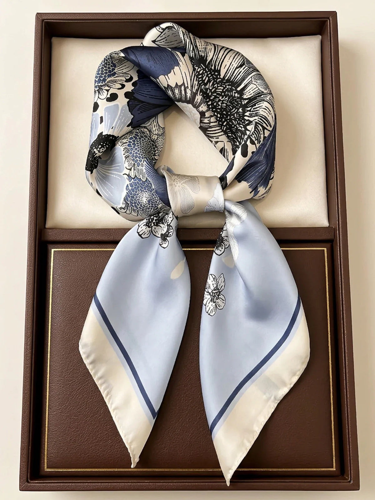 Blue and white silk square scarf with floral print and wide border