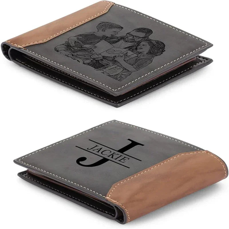 Custom personalized leather bifold wallet with photo and name engraving