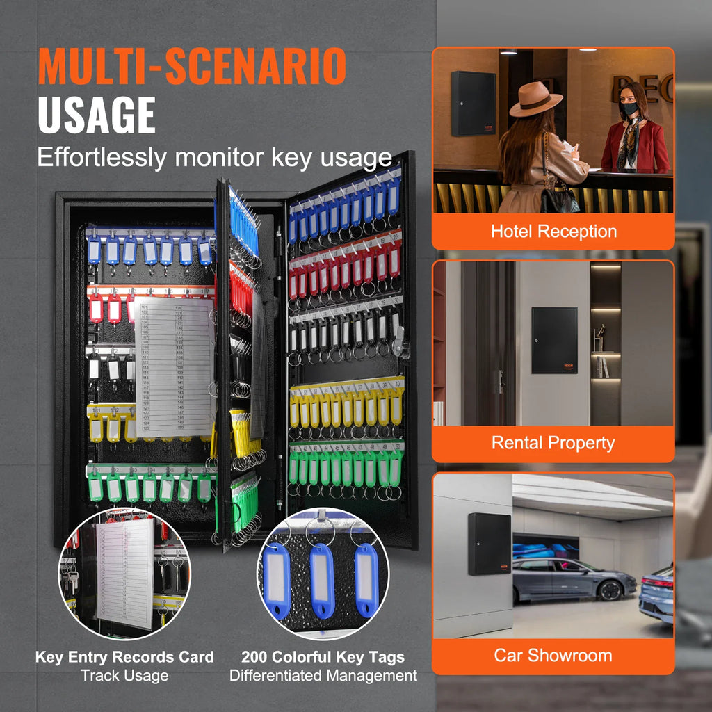Key cabinet storage unit shown in various professional settings like hotel receptions, offices, and car showrooms.
